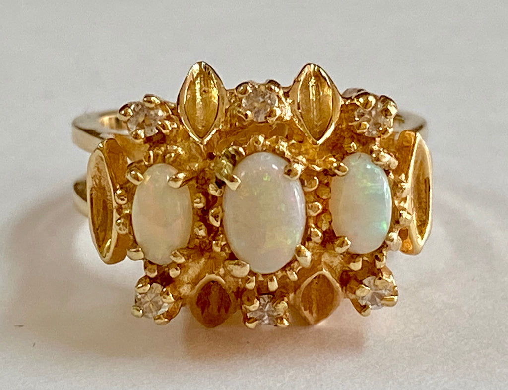14K Yellow Gold Opal Diamond Ring - Size 6 3/4