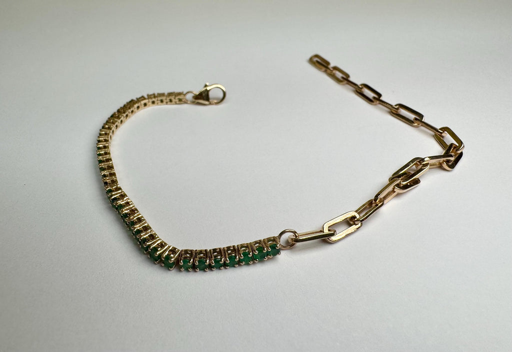 14K Yellow Gold Half Emerald And Half Paperclip Chain 7' Long  Tennis Bracelet!!