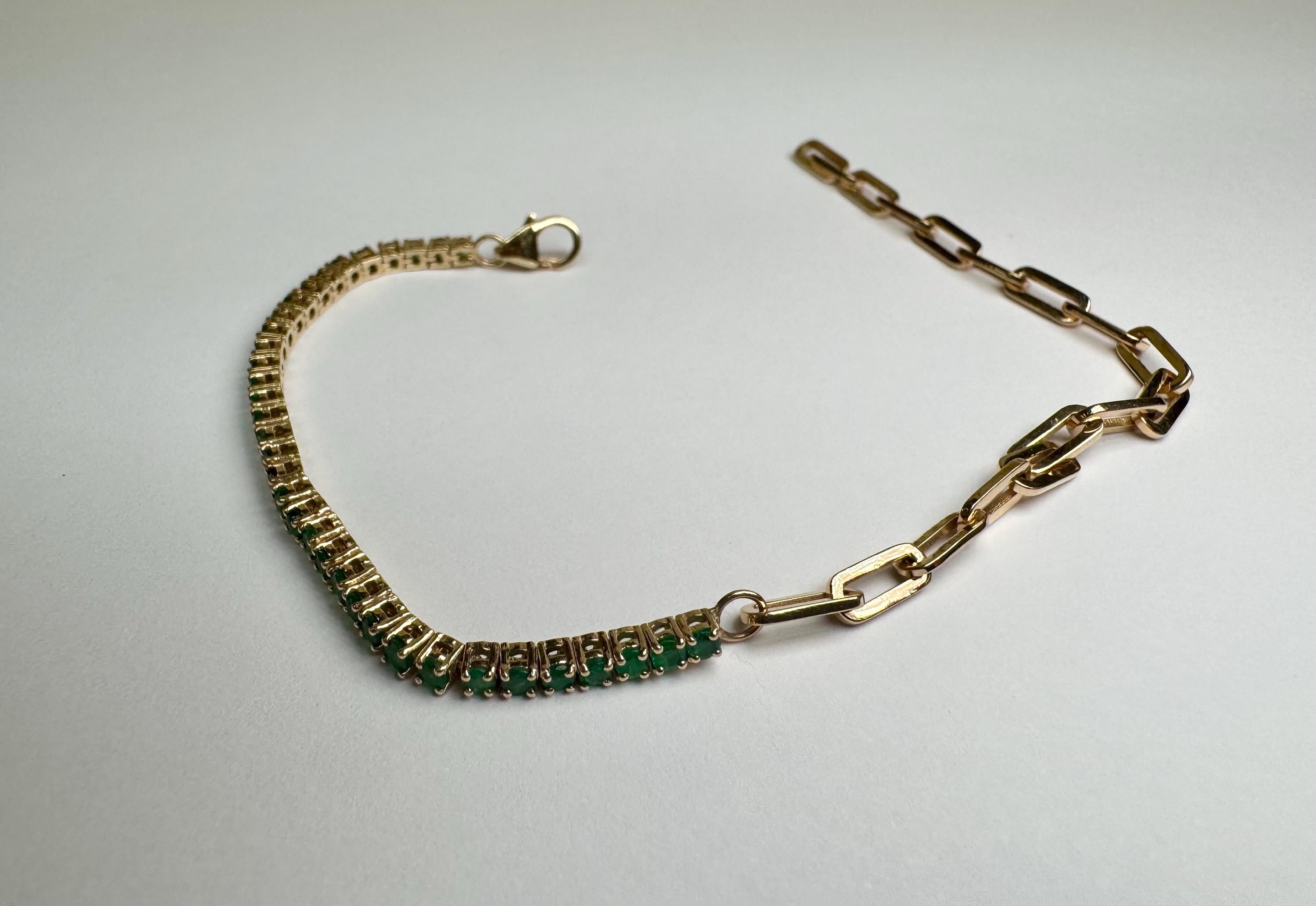 14K Yellow Gold Half Emerald And Half Paperclip Chain 7' Long  Tennis Bracelet!!