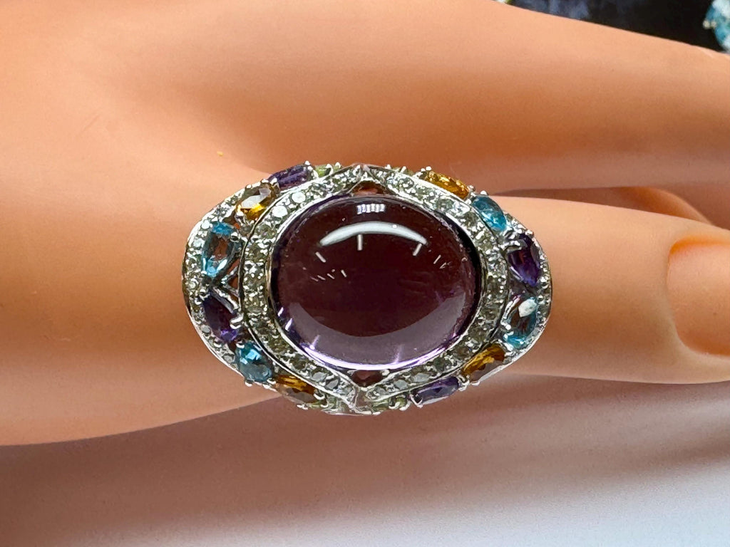18K White Gold Multi-Gem Amethyst Diamond Cocktail Ring