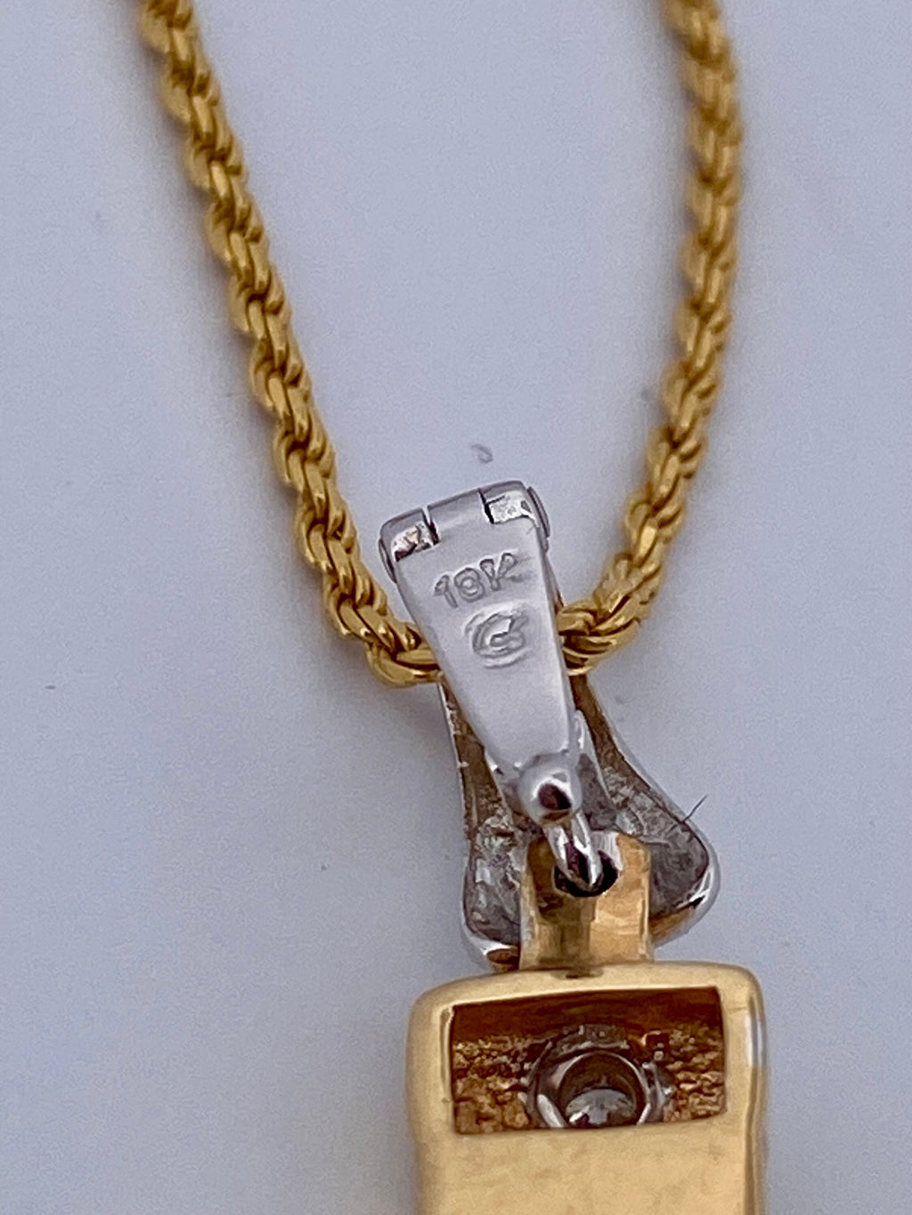 18K Gold Ammolite & Diamond Pendant Necklace - Two Tone, 30" Rope Chain