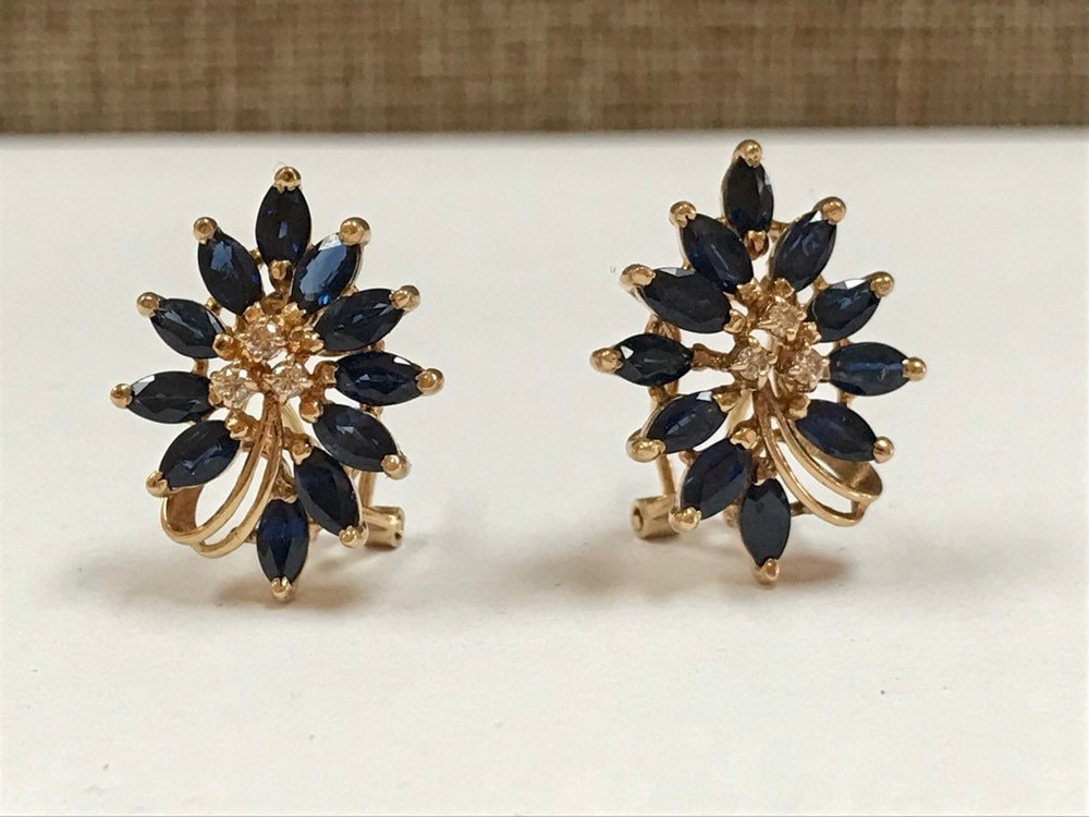 14K Yellow Gold And Blue Sapphire With Diamonds Necklace And Earring Set!!!