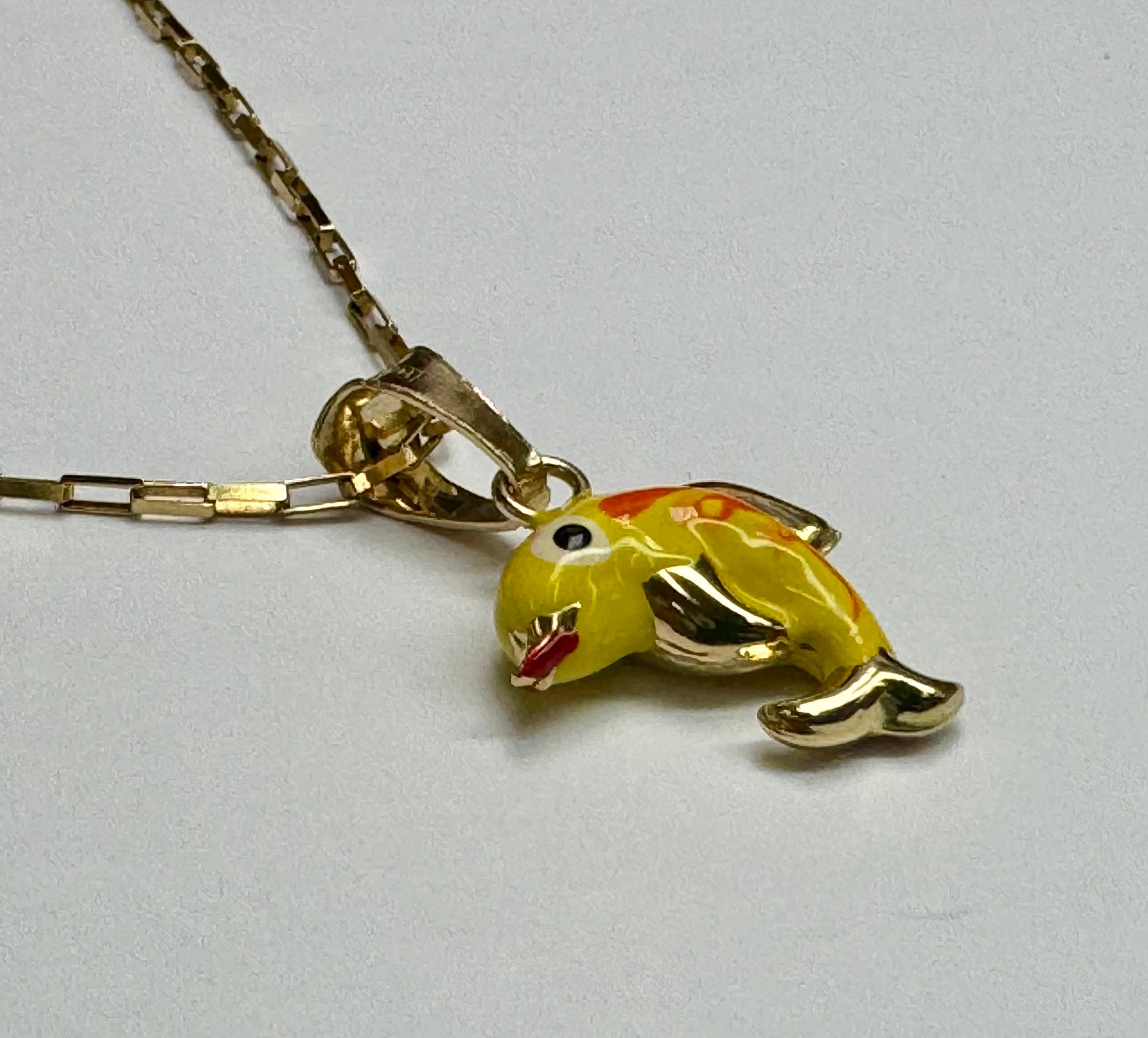 14K Yellow Gold Enamel Dolphin Charm Pendant - Italy