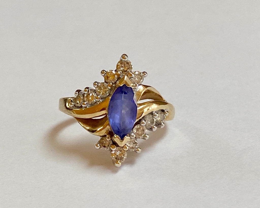 14K Yellow Gold Marquise Sapphire Diamond Ring - Size 4 3/4