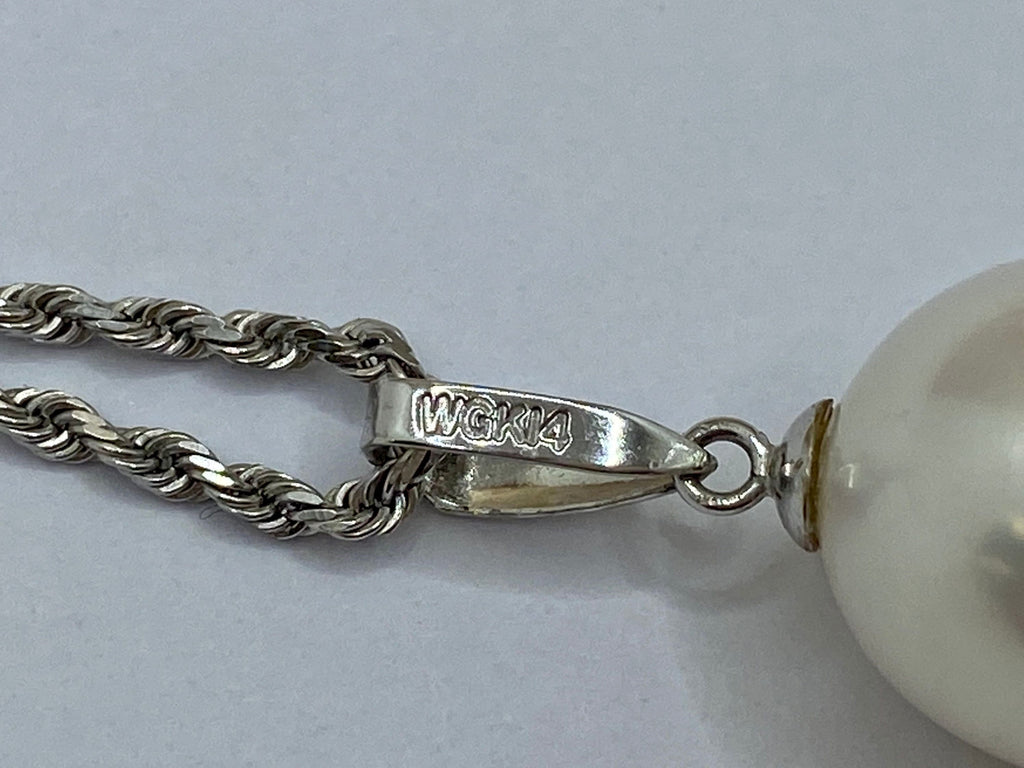 14K White Gold Rope Chain Necklace with White Pearl Pendant