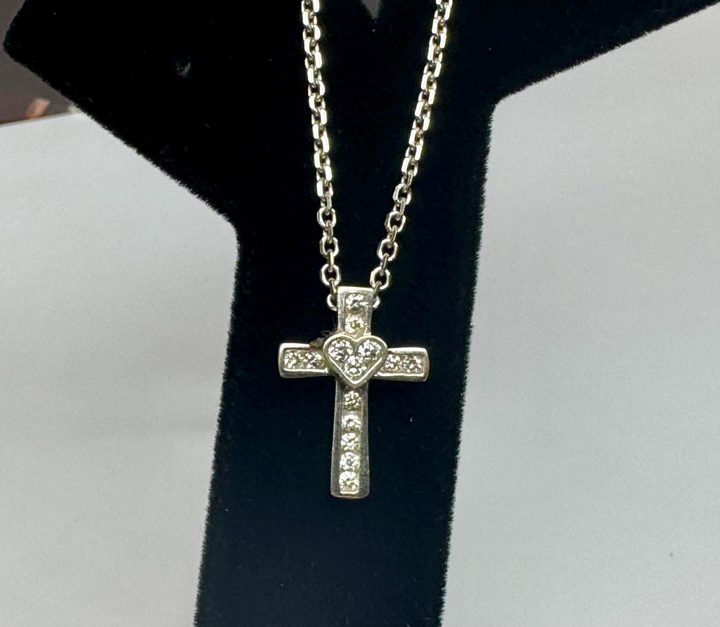 14K White Gold Diamond Cross Pendant Necklace, 16" Chain