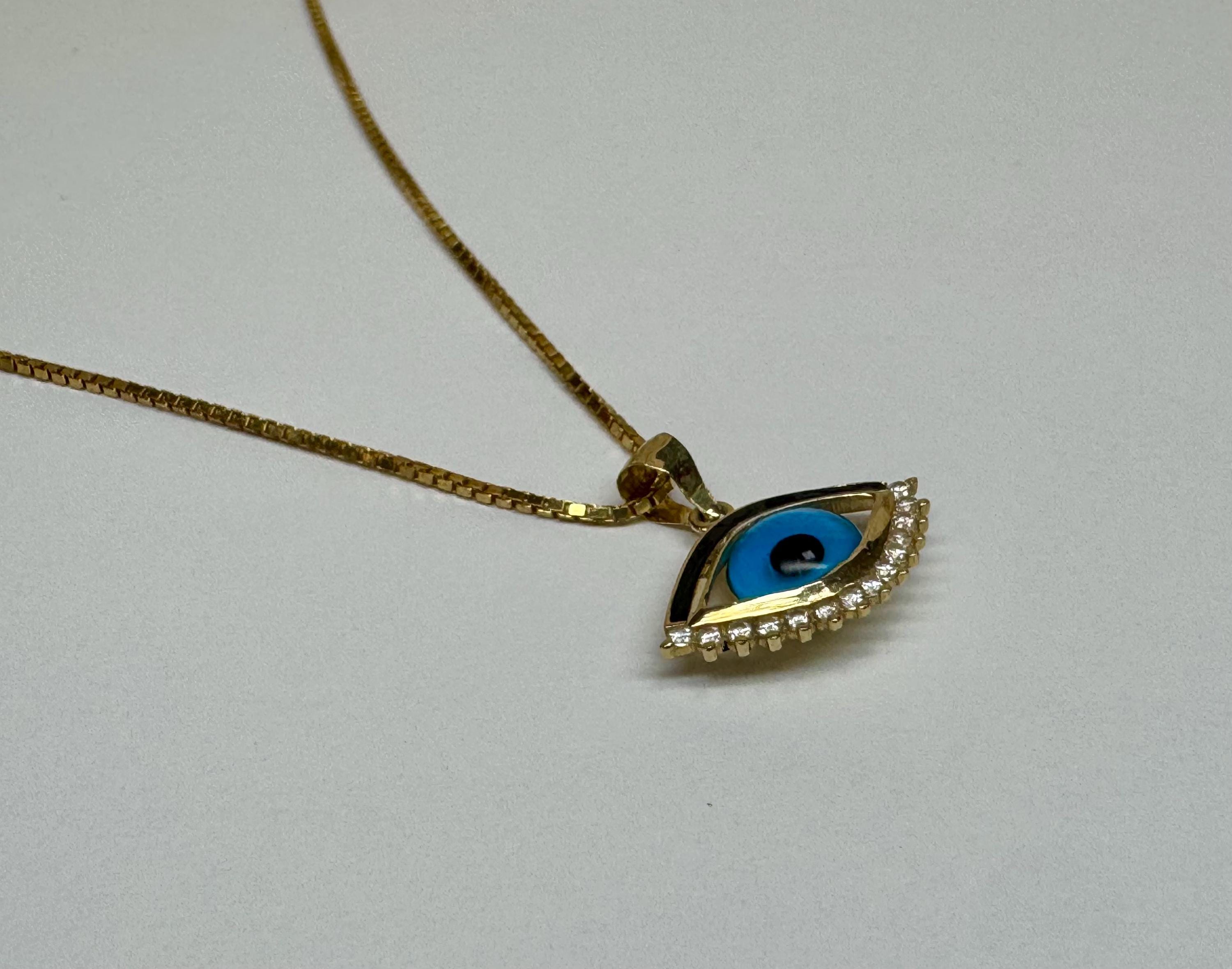 14K yellow Gold Evil Eye Pendant/Charm With Small Round White Cz!!