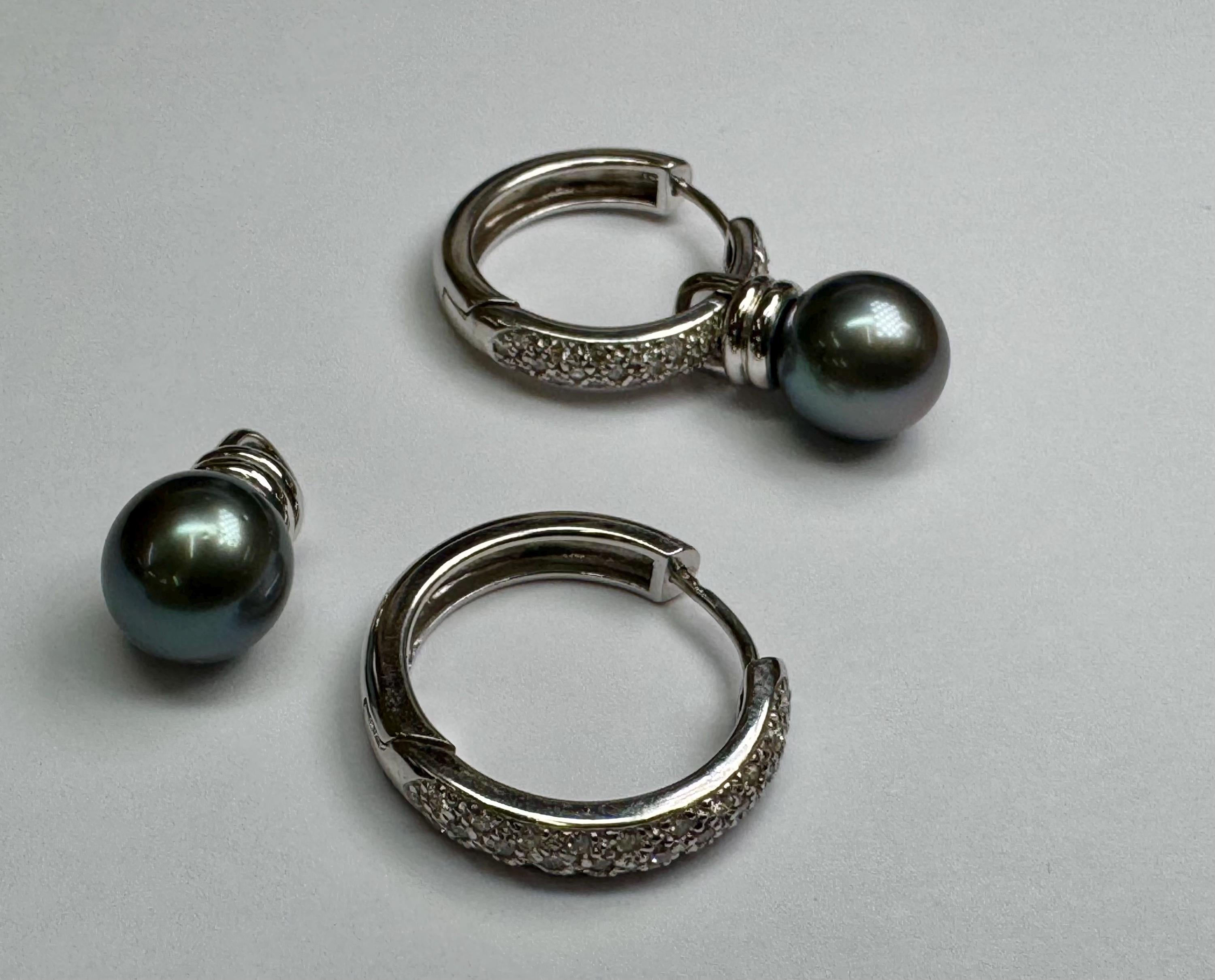 14K White Gold Diamond Hoop Earrings with Black Pearl Dangles