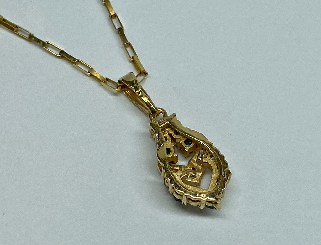 14k Yellow Gold Diamond & Emerald Double Heart Pendant