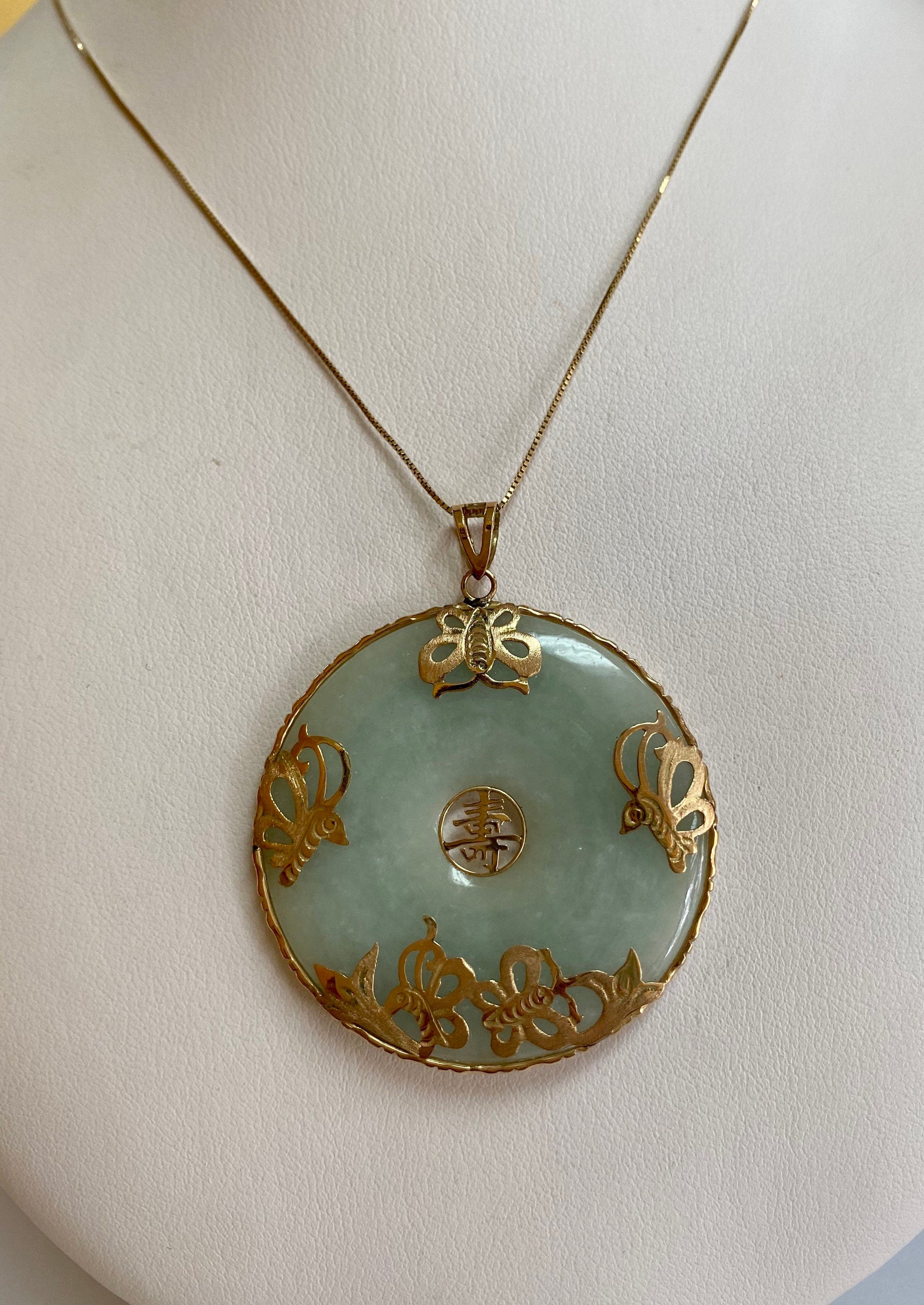 14K Yellow Solid Gold Butterfly Good Luck Green Jadeite Pendant!!!