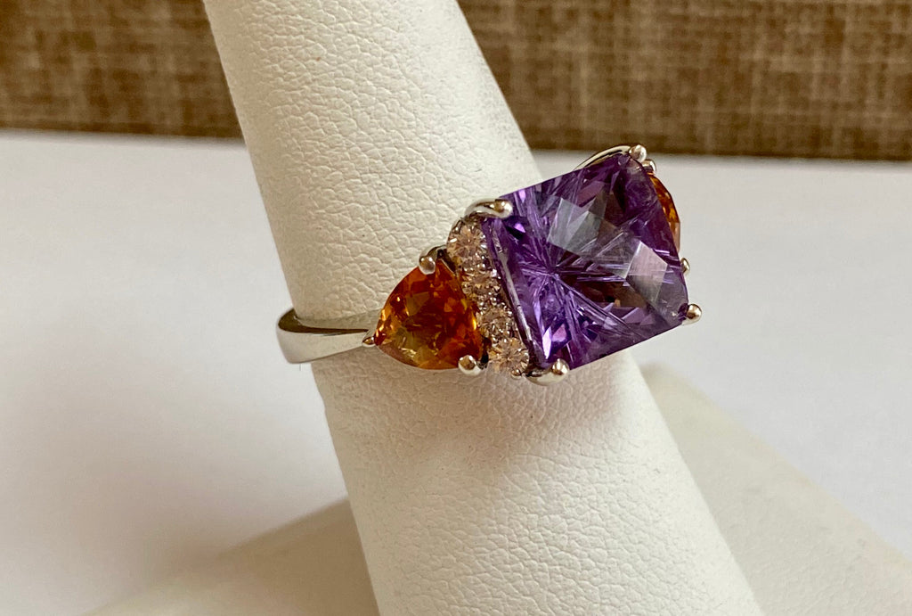 14K White Gold Amethyst Citrine Diamond Ring - Size 7