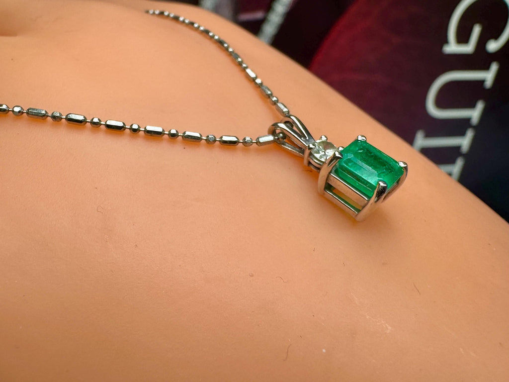 14K White Gold Emerald and Diamond Pendant Necklace