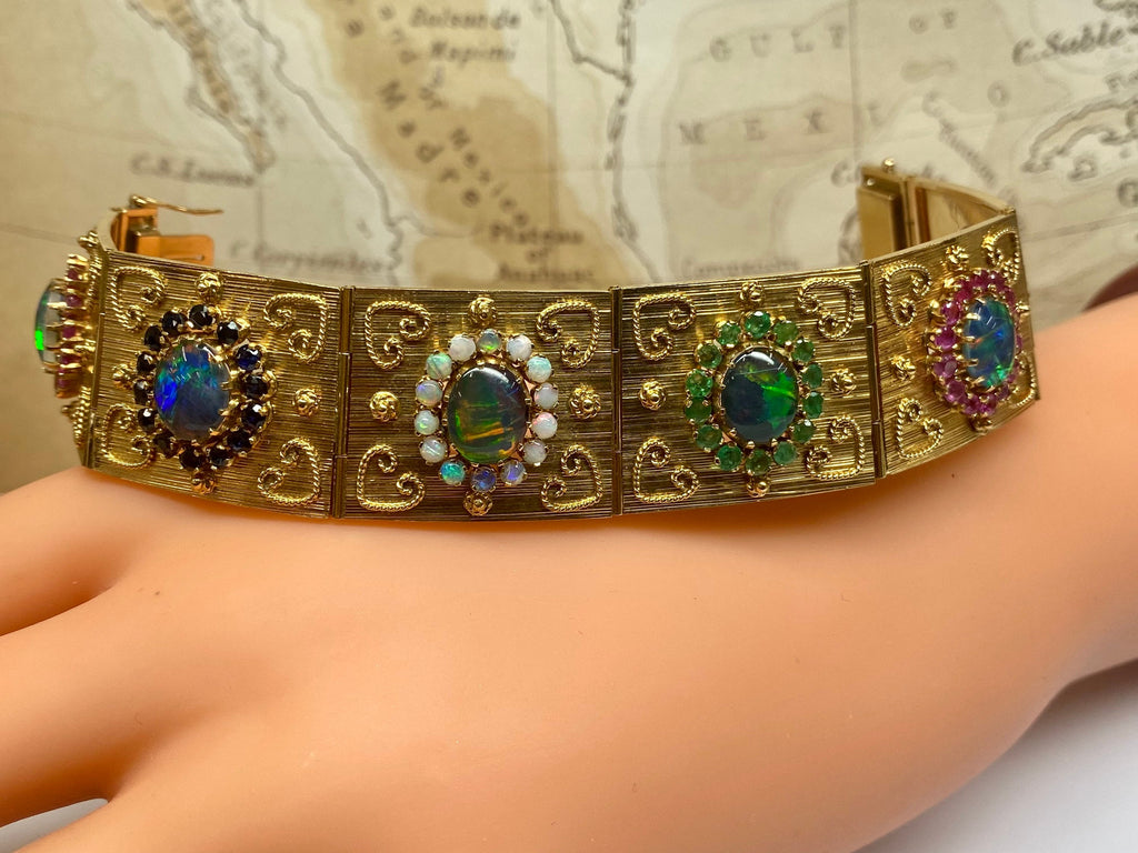 18K Gold Opal Ruby Emerald Sapphire Panel Bracelet - 1970s Estate Jewelry
