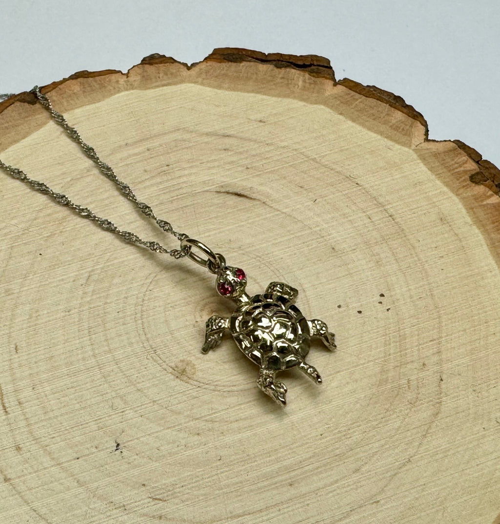 14k White Gold Sea Turtle Pendant with Ruby Eyes