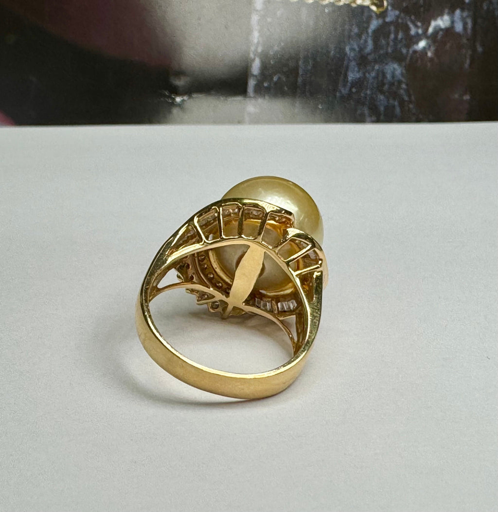 14K Yellow Gold Pearl Diamond Ring: Women's Cocktail Statement Ring