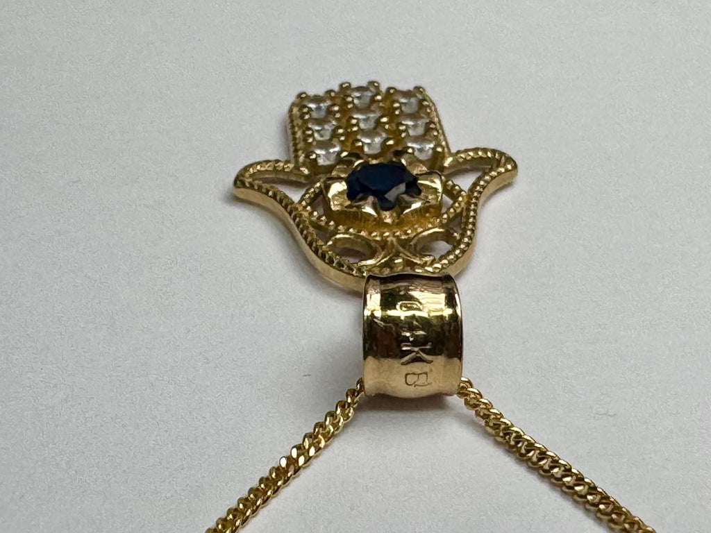 14K Yellow Gold Hamsa Hand Pendant with Blue & White CZ