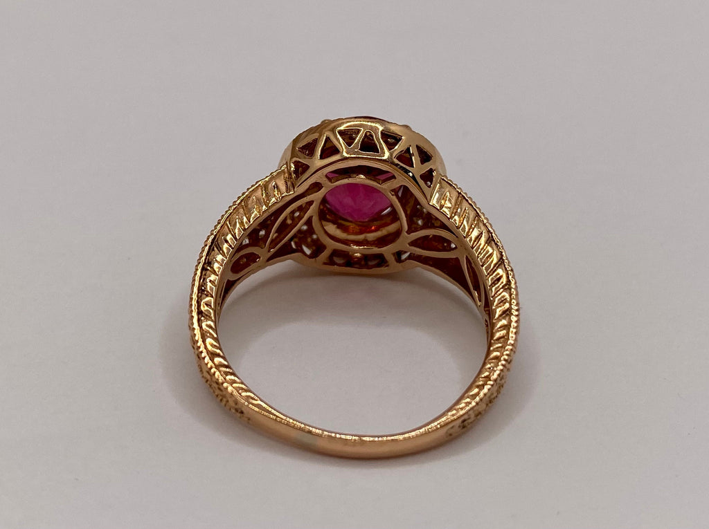 14K Rose Gold Ruby Diamond Halo Ring, Size 8.25