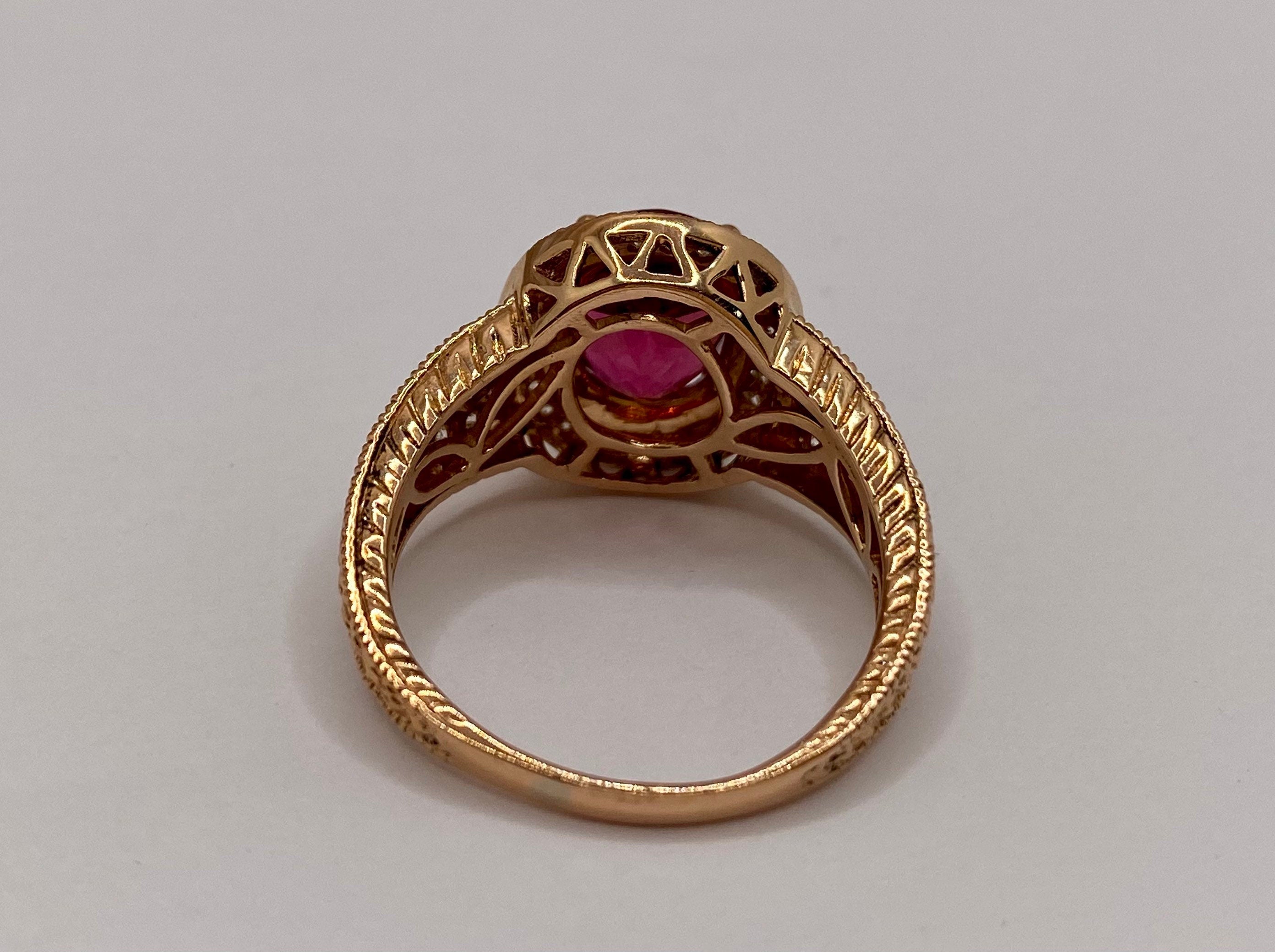 14K Rose Gold Ruby Diamond Halo Ring, Size 8.25
