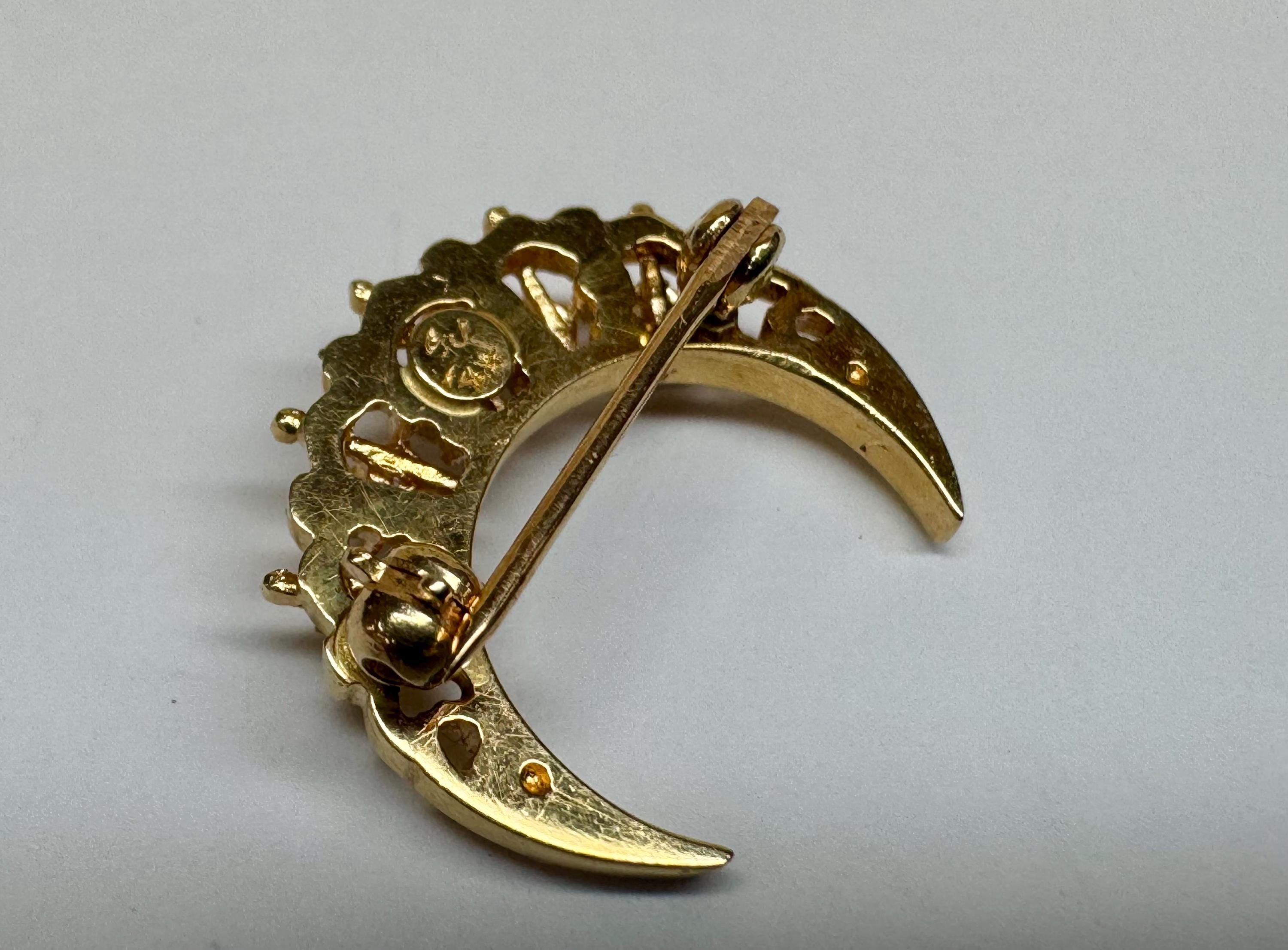 14K Gold Diamond Opal Crescent Moon Brooch – Victorian Celestial Pin