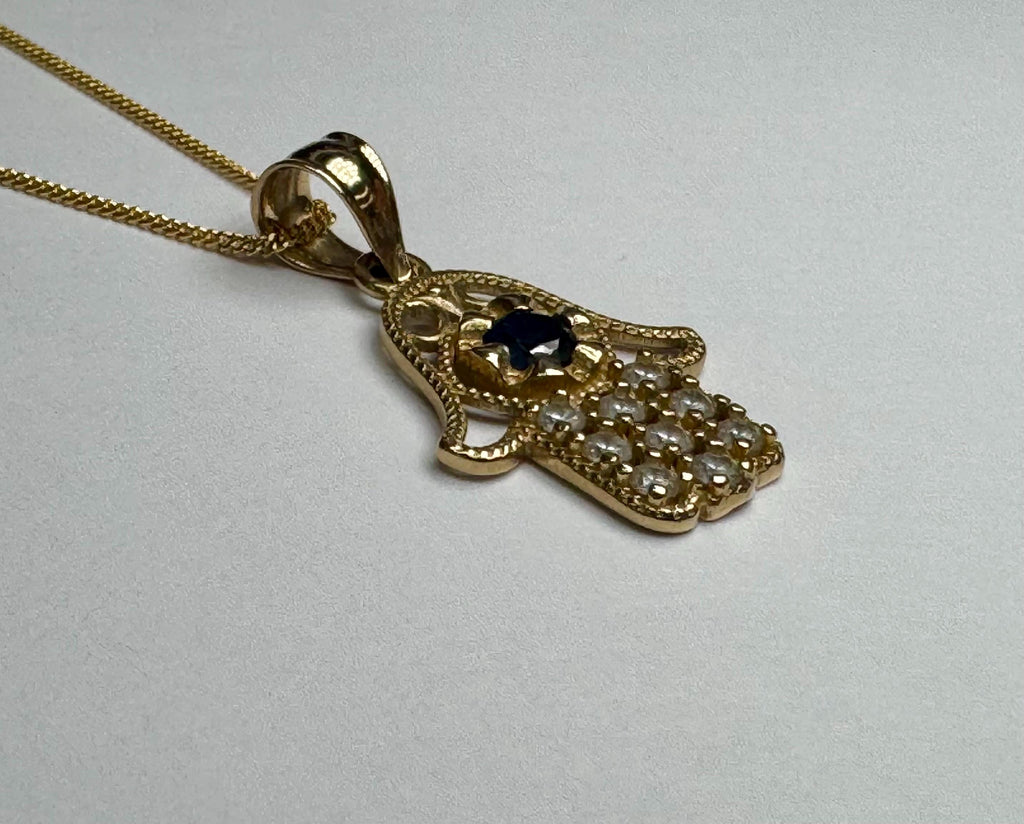 14K Yellow Gold Hamsa Hand Pendant with Blue & White CZ