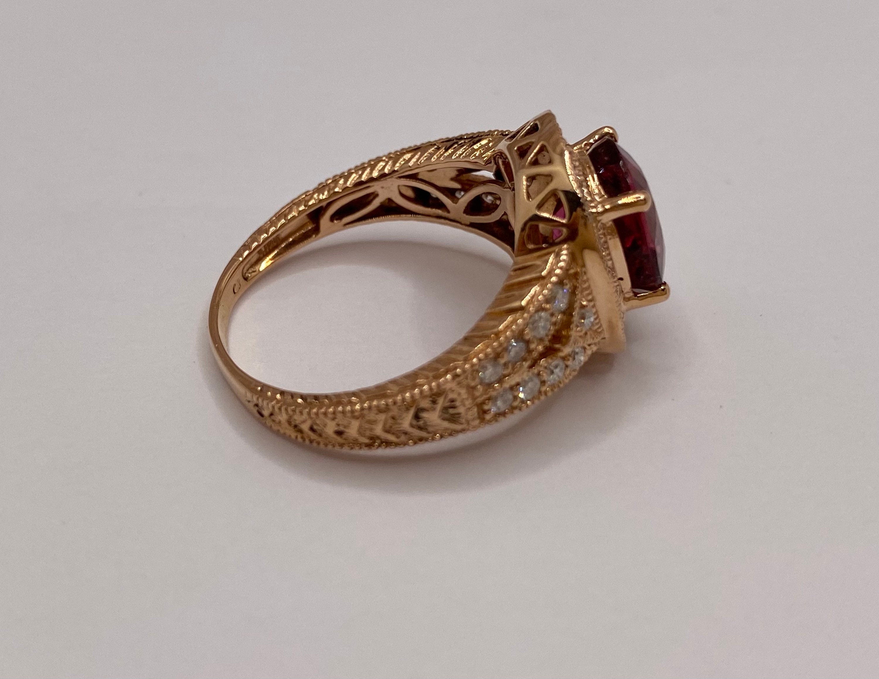 14K Rose Gold Ruby Diamond Halo Ring, Size 8.25