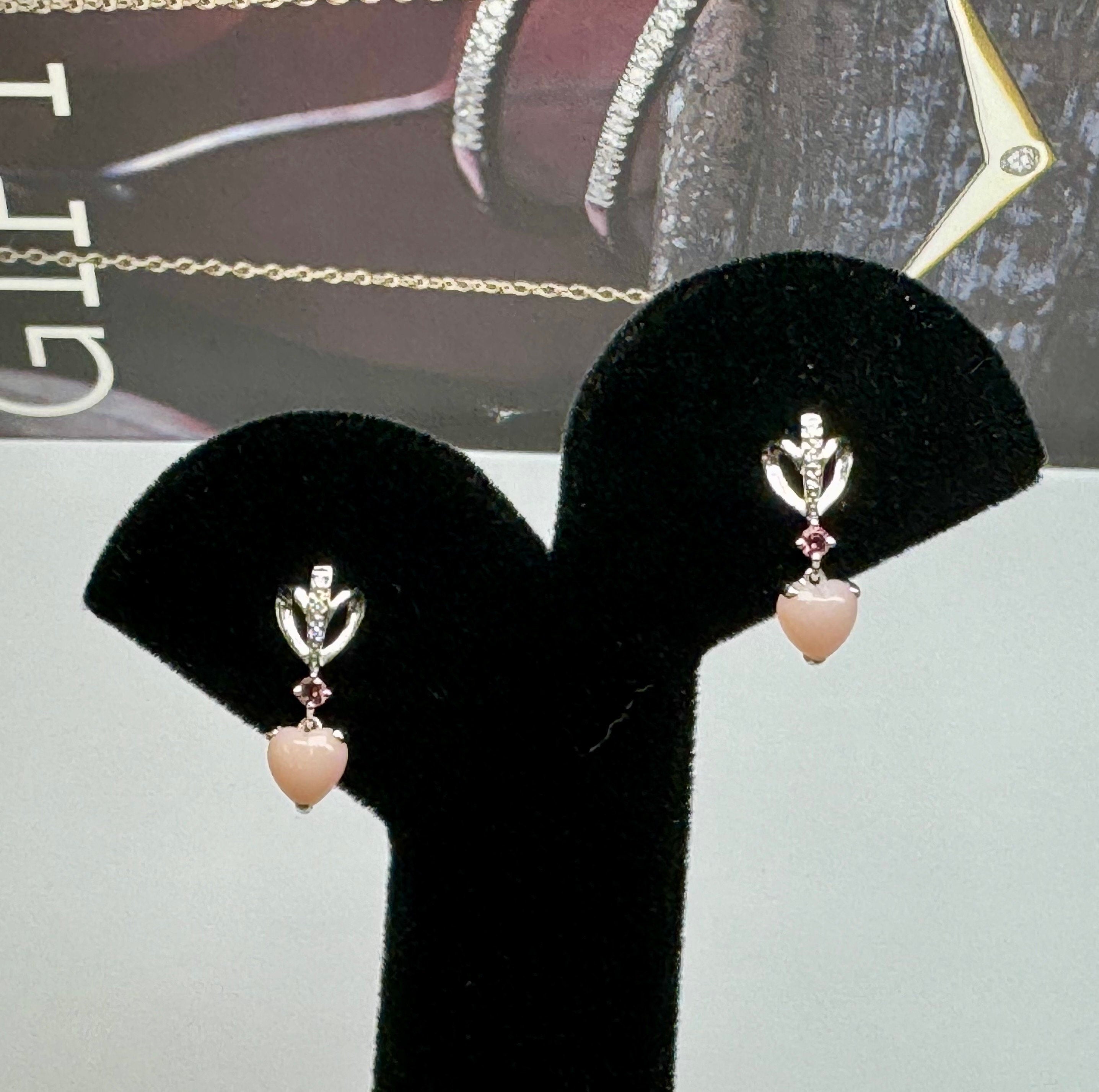 18K White Gold Heart Earrings: Pink Jadeite & Diamond Drops