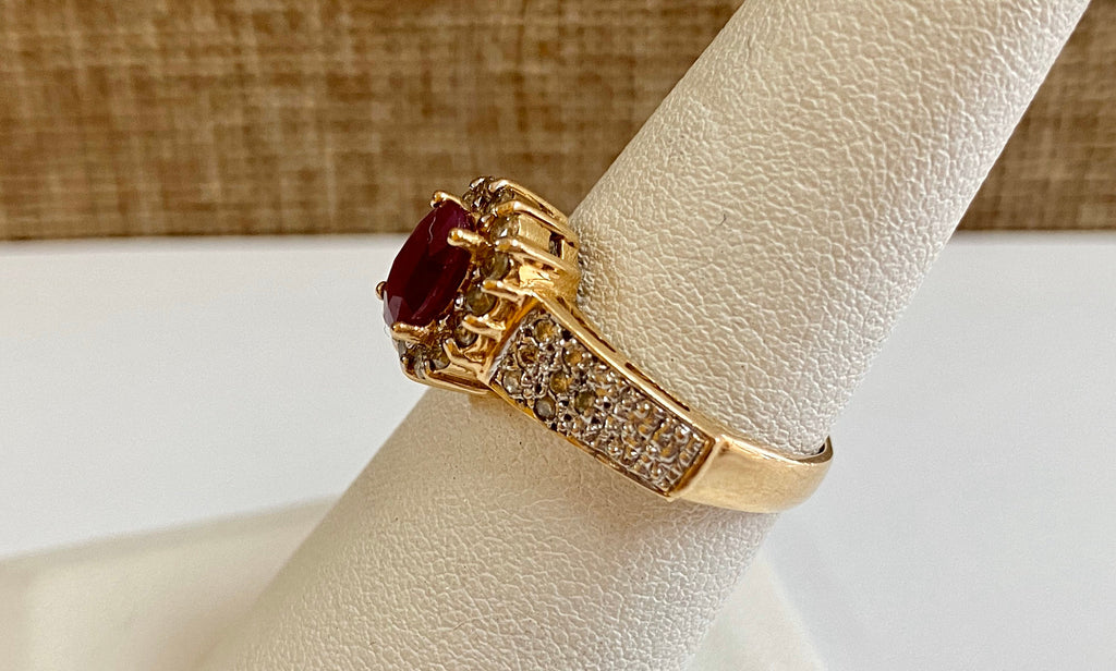 14K Yellow Gold Ruby and Diamond Ring, Size 7
