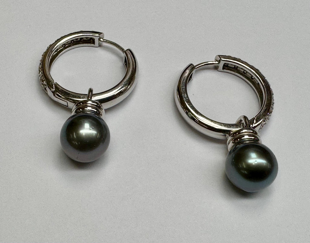 14K White Gold Diamond Hoop Earrings with Black Pearl Dangles