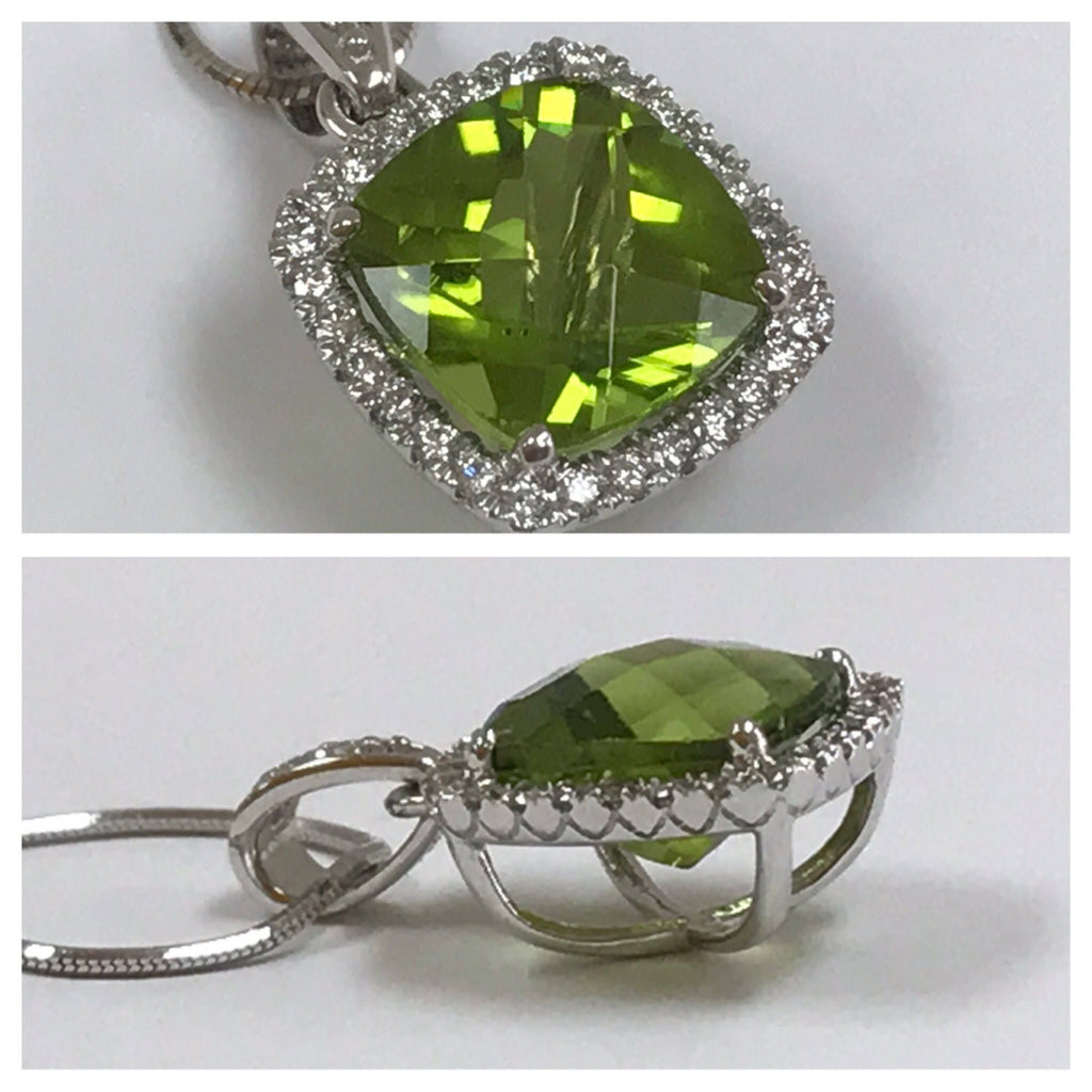14K White Gold Peridot Ring and Necklace Set: Diamond Accents