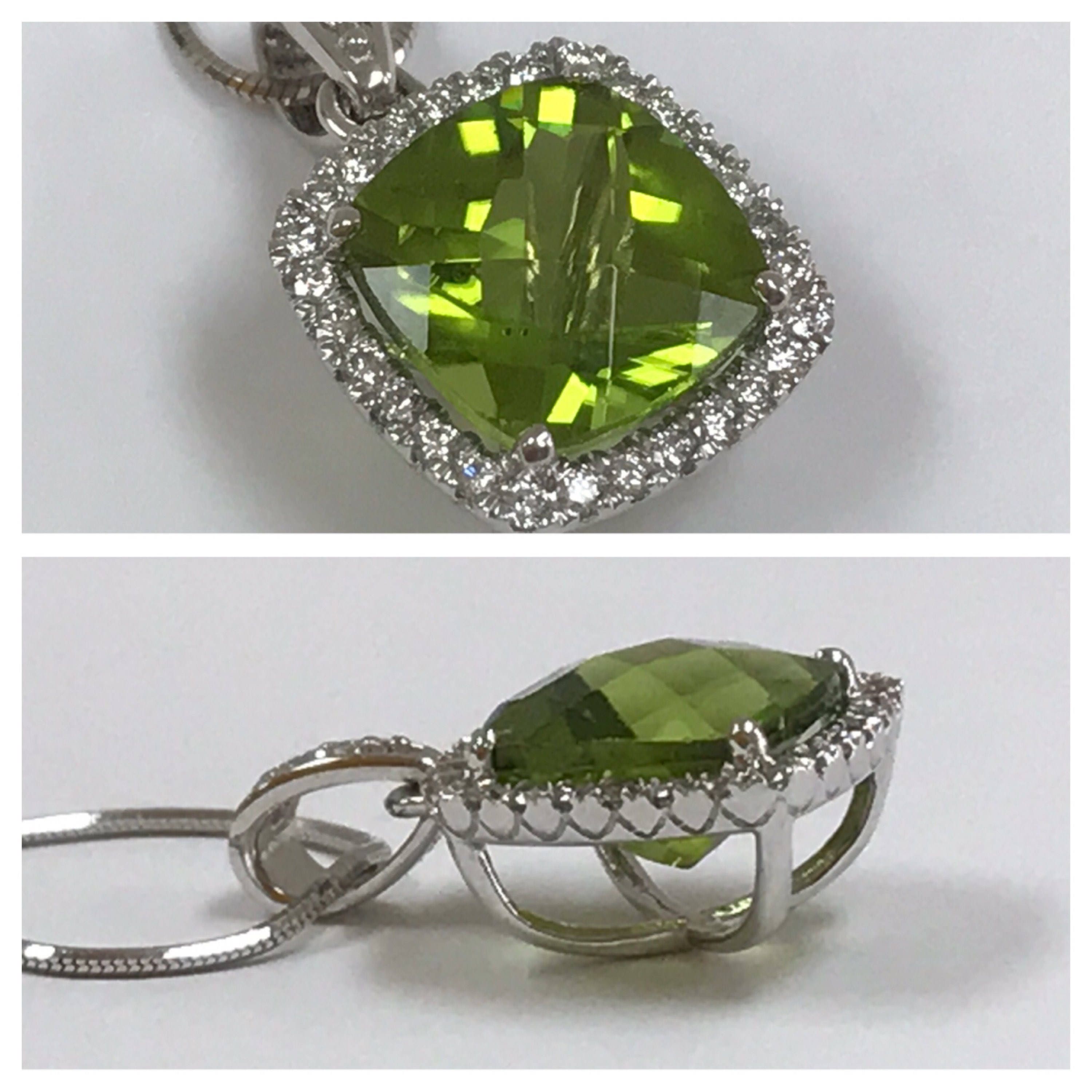14K White Gold Peridot Ring and Necklace Set: Diamond Accents