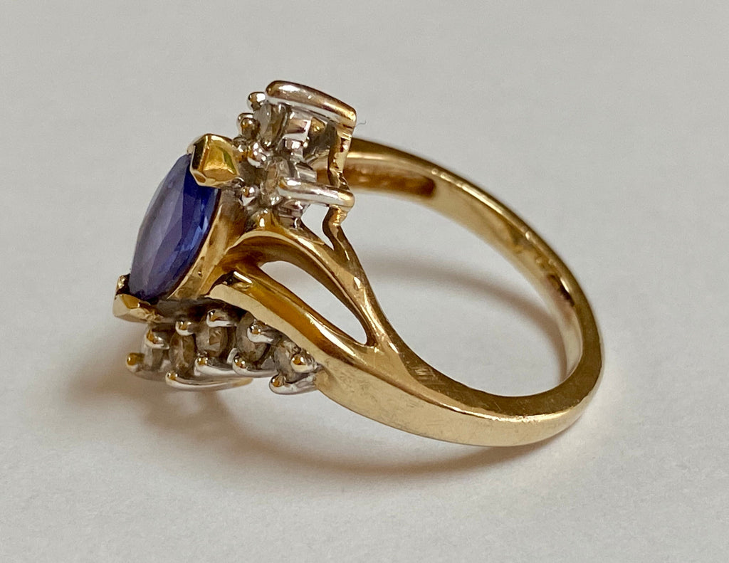14K Yellow Gold Marquise Sapphire Diamond Ring - Size 4 3/4