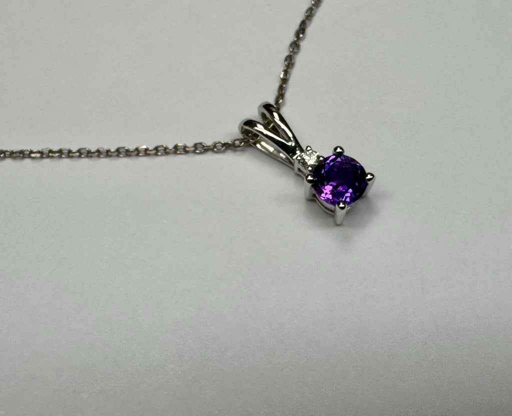 14K White Gold Amethyst Diamond Pendant Necklace