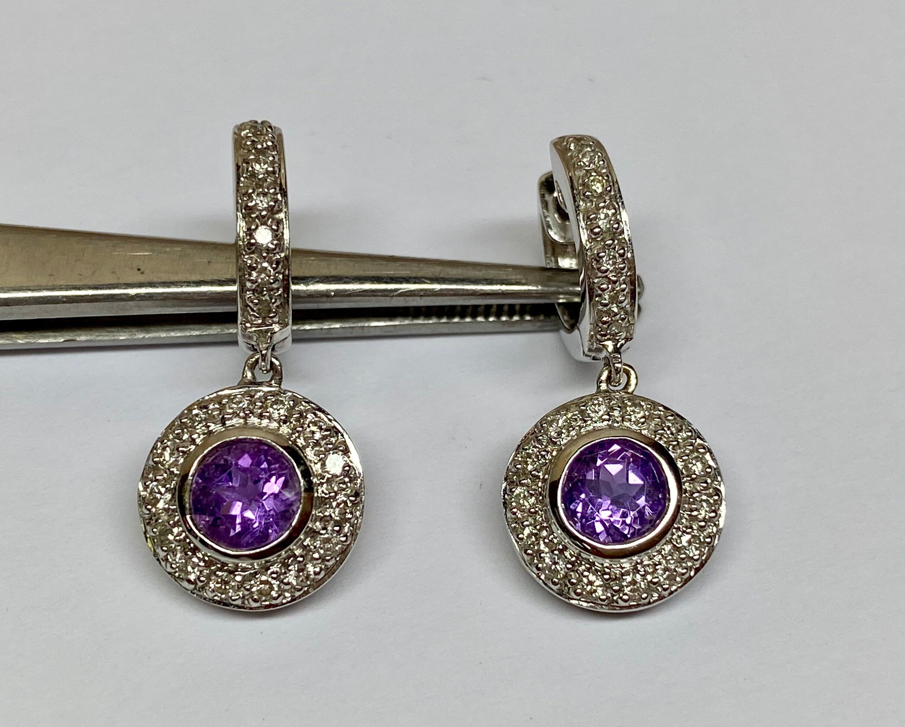 18K White Gold Diamond Amethyst Drop Earrings