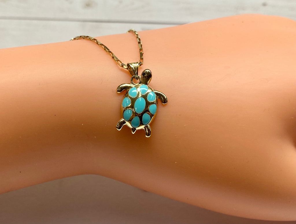 14K 585 Yellow Gold & Turquoise Color Enamel  Turtle Pendant Charm  !!!