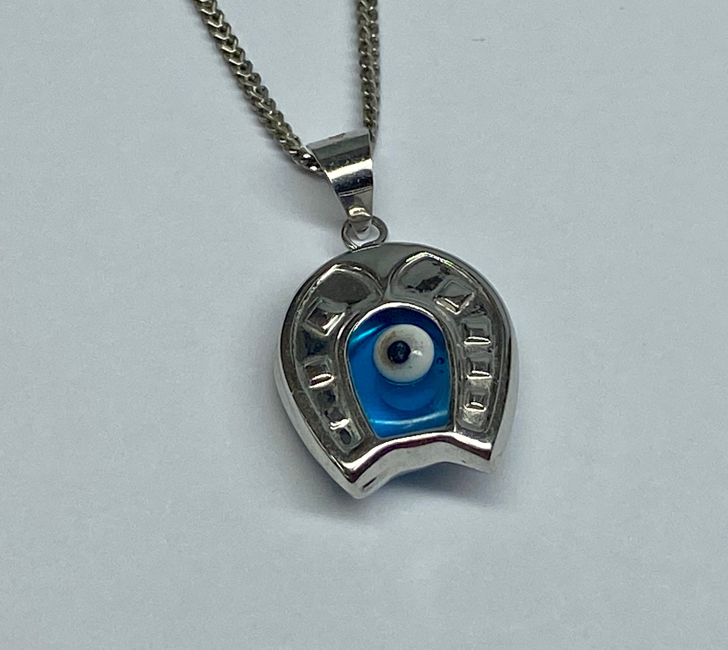 14K White Gold Horseshoe Evil Eye Pendant Charm (20mm X 12mm)