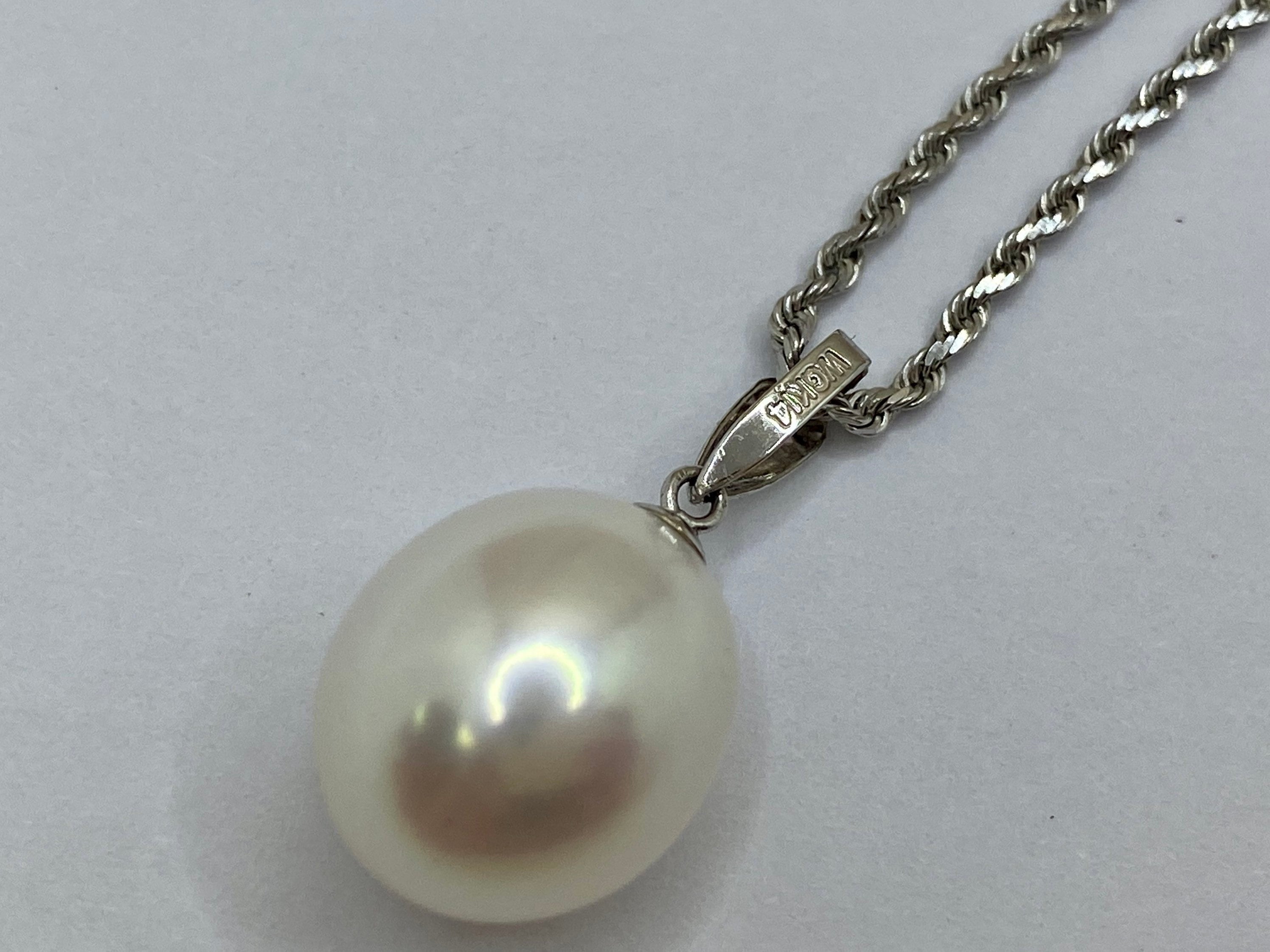 14K White Gold Rope Chain Necklace with White Pearl Pendant