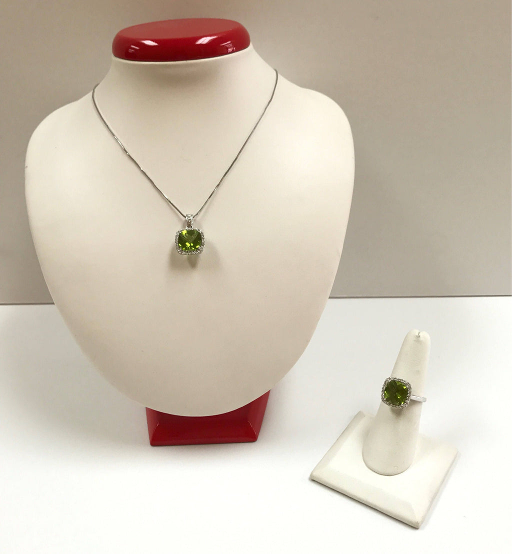 14K White Gold Peridot Ring and Necklace Set: Diamond Accents