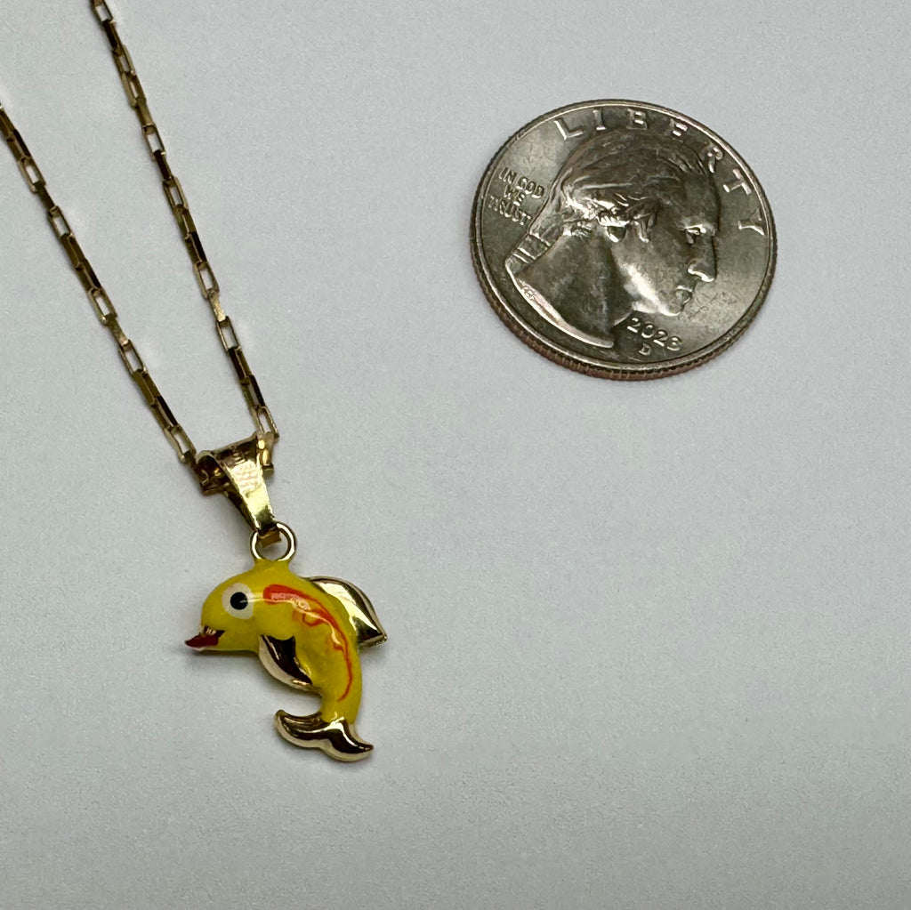 14K Yellow Gold Enamel Dolphin Charm Pendant - Italy