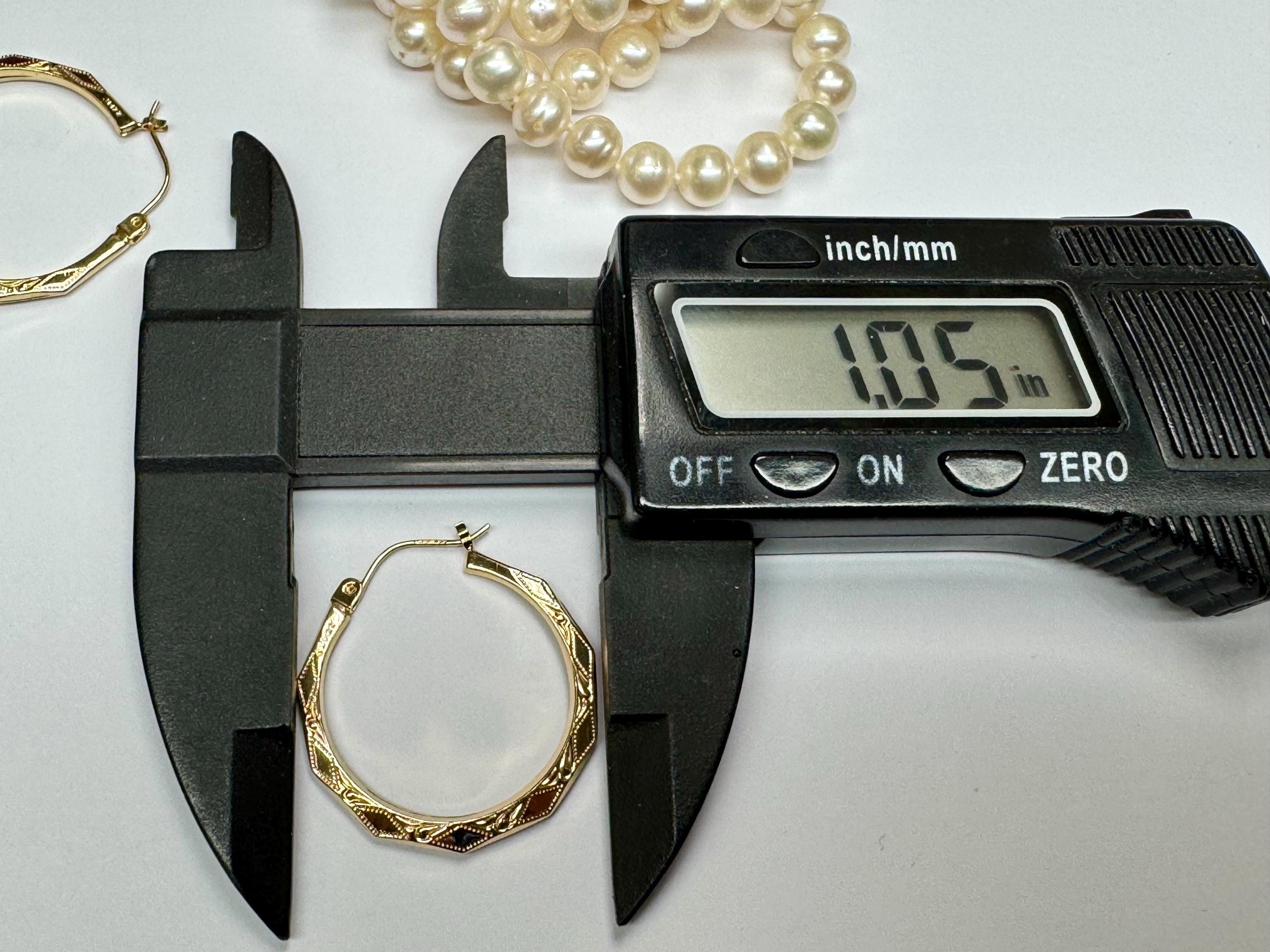 14K Yellow Gold Diamond Etched Hoop Earrings, 1" Hinged Set