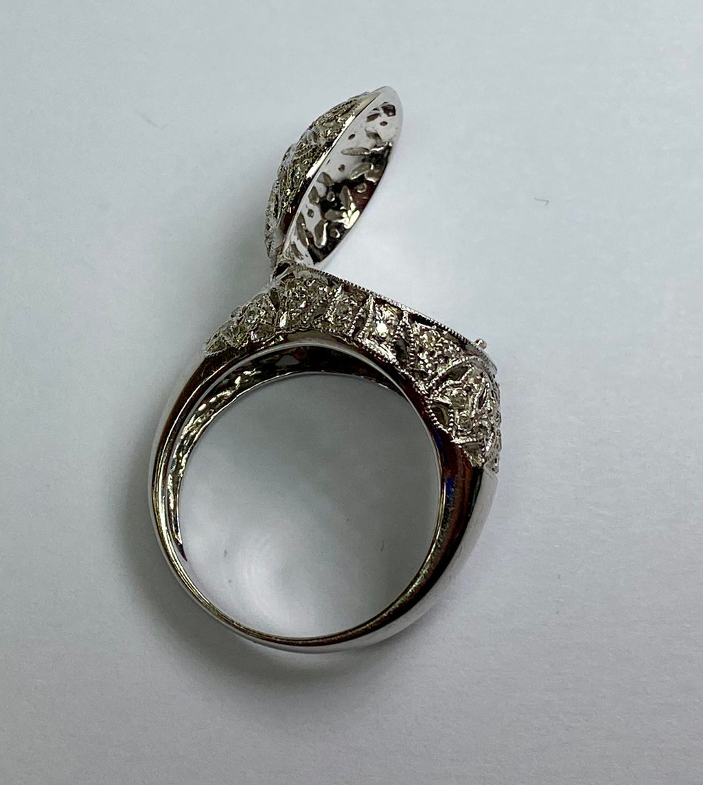 14K White Gold Diamond Filigree Dome Locket Ring - Size 7