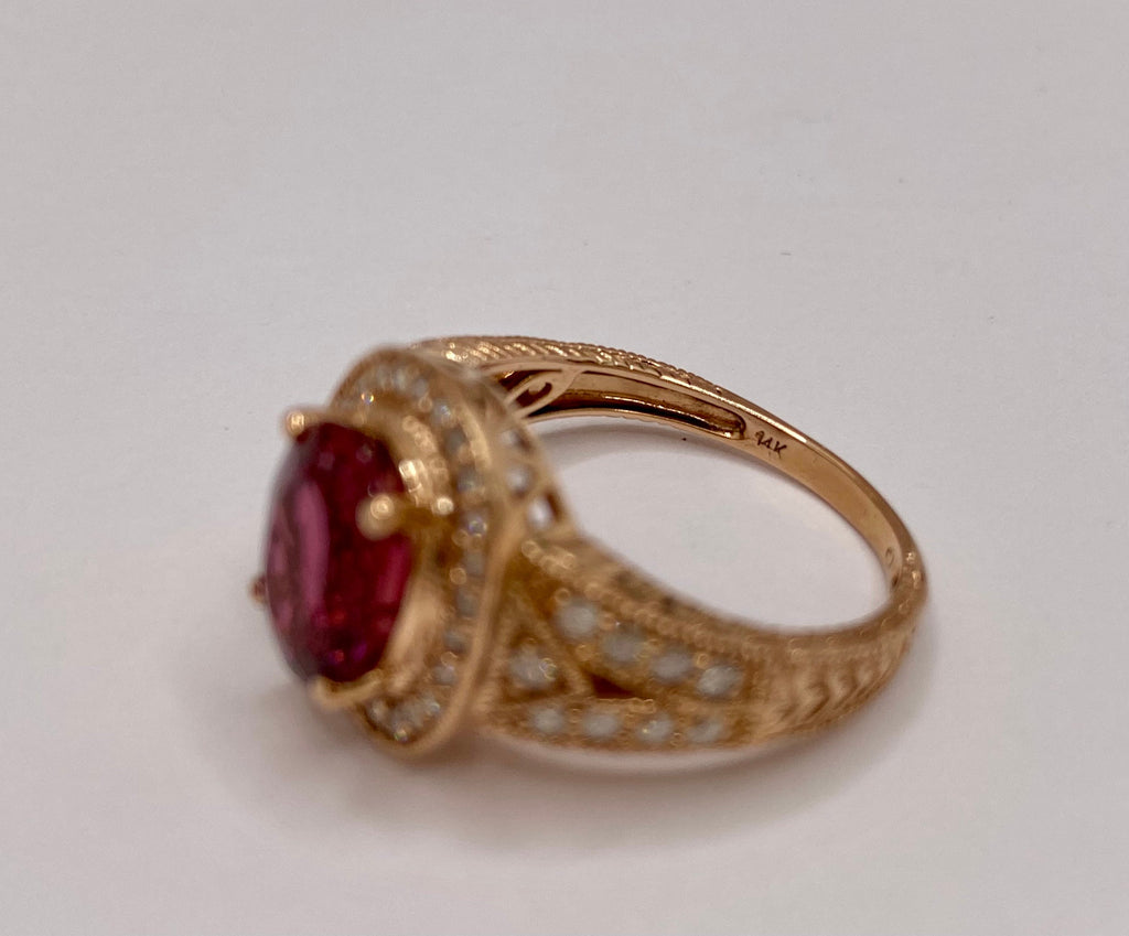 14K Rose Gold Ruby Diamond Halo Ring, Size 8.25