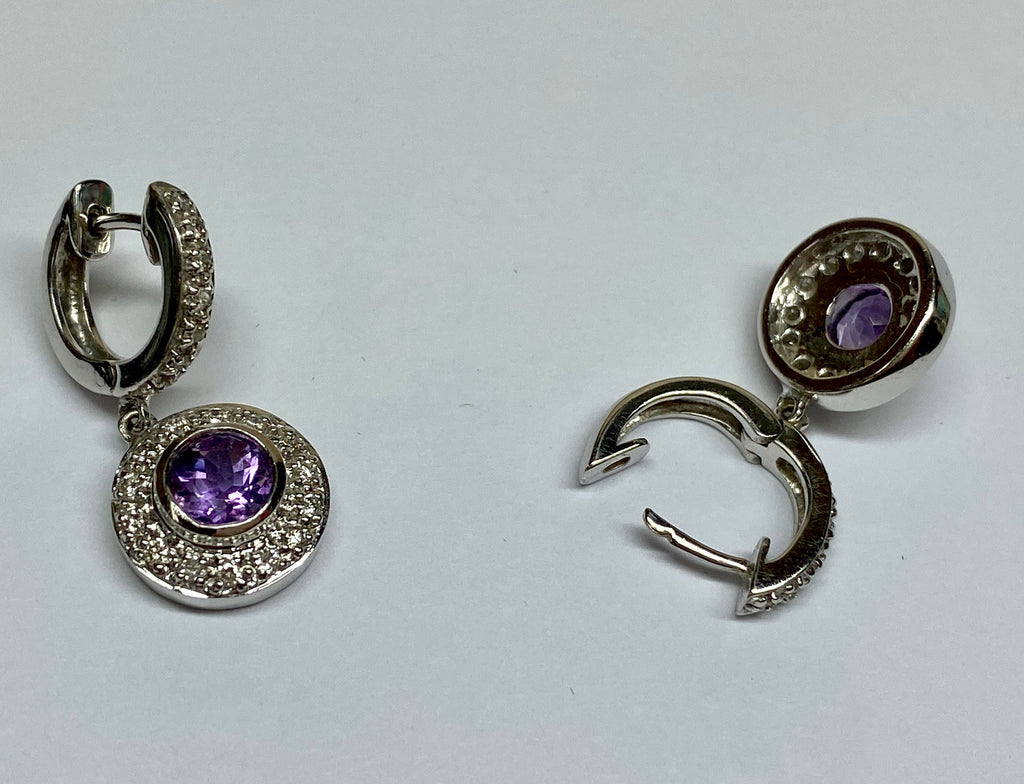18K White Gold Diamond Amethyst Drop Earrings