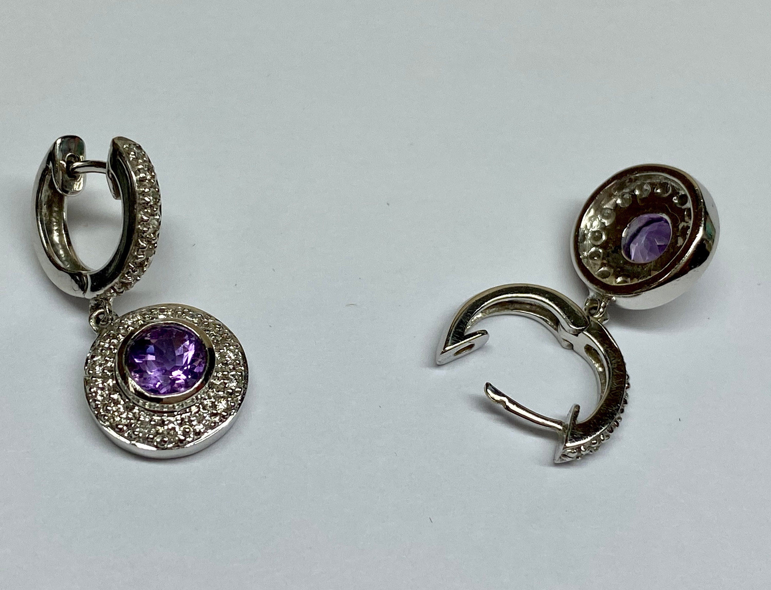 18K White Gold Diamond Amethyst Drop Earrings