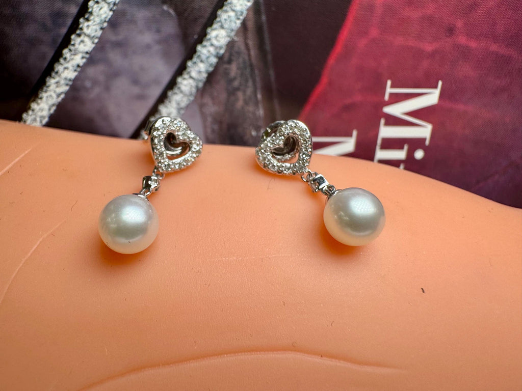 14K White Gold Heart Diamond & Pearl Drop Earrings