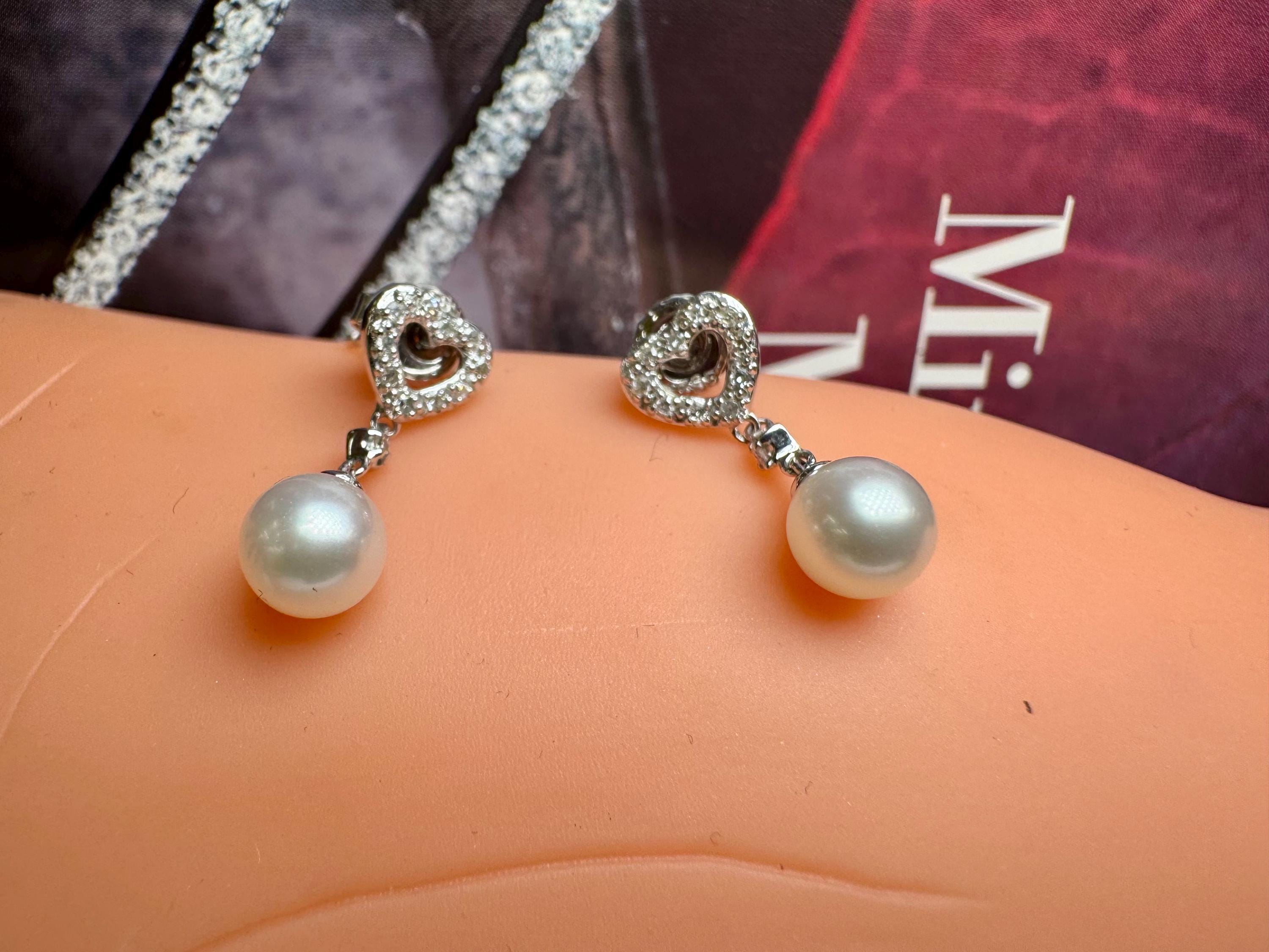 14K White Gold Heart Diamond & Pearl Drop Earrings