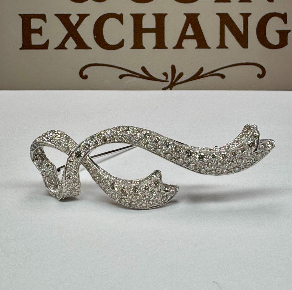 18K White Gold Diamond Brooch: Heart-Ribbon Design ALOPA Luxury Pin