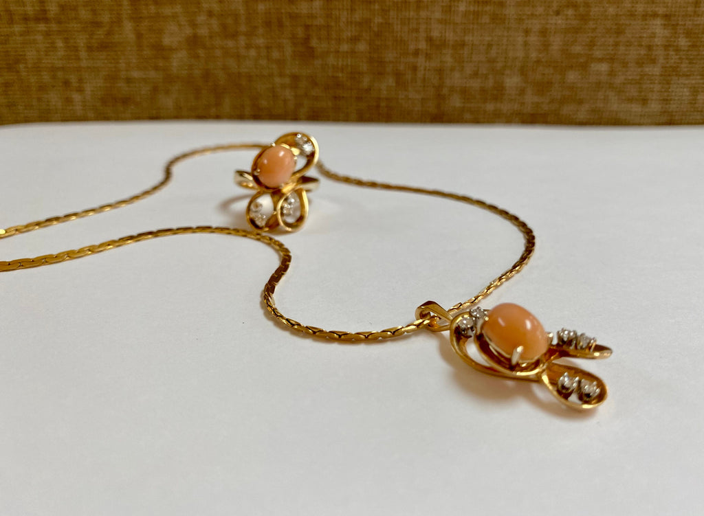 14K Yellow Gold Coral Diamond Necklace Ring Set - Italy 585
