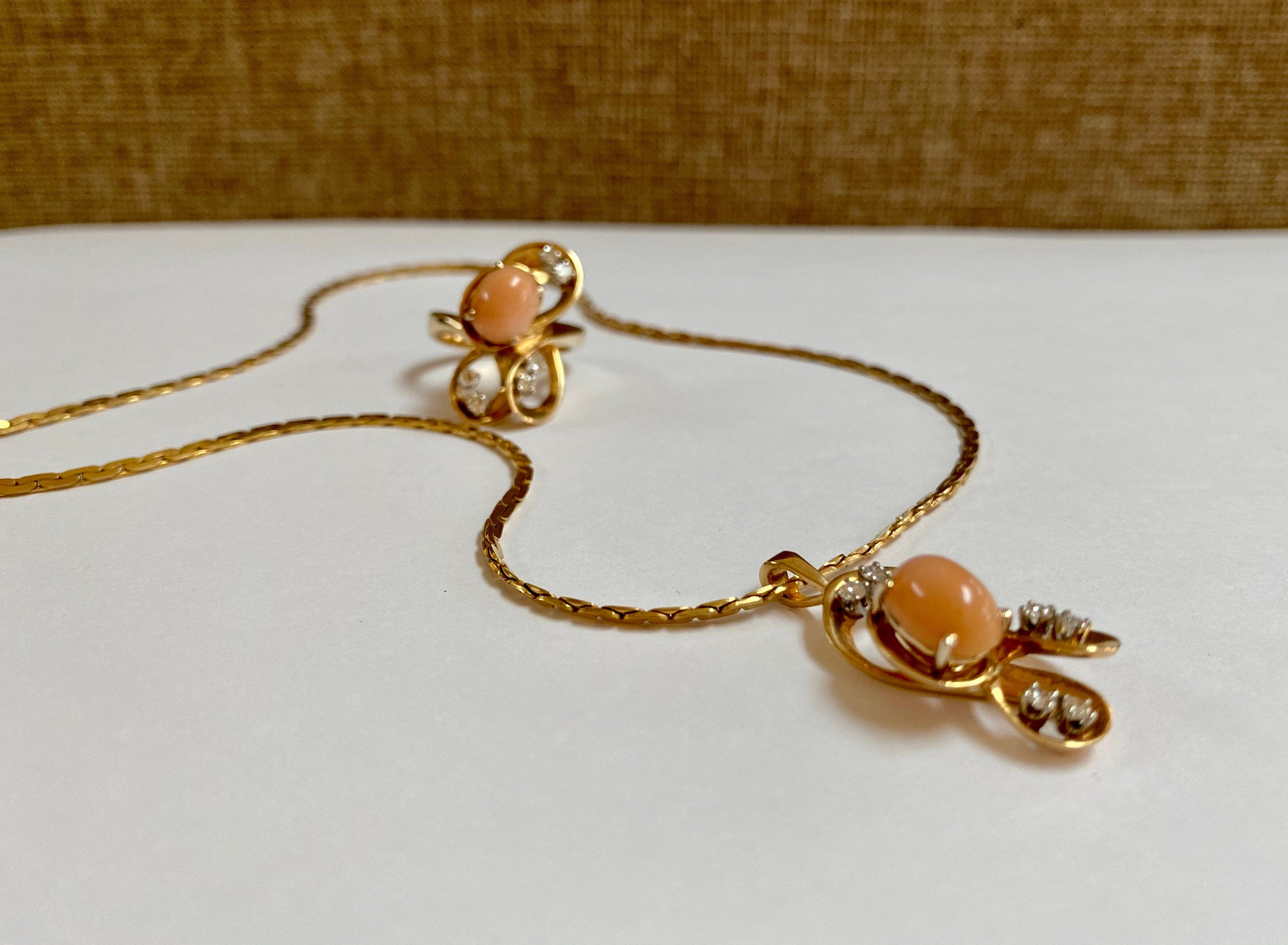 14K Yellow Gold Coral Diamond Necklace Ring Set - Italy 585