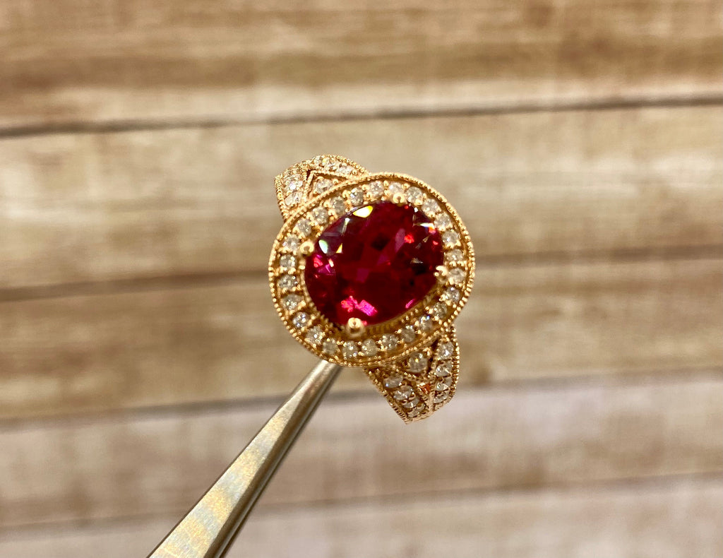 14K Rose Gold Ruby Diamond Halo Ring, Size 8.25
