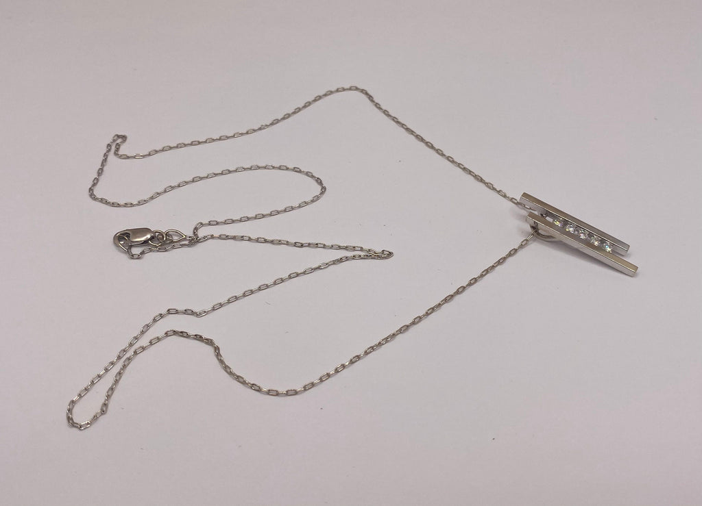 14K White Gold Diamond Vertical Bar Pendant Necklace
